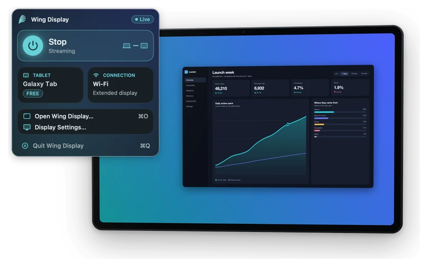 Wing Display's menu on the Mac, streaming to a Galaxy Tab over Wi-Fi
