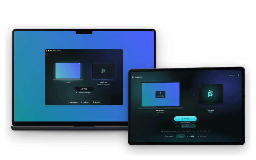 Wing Display open on a MacBook Pro, and the tablet app that has found it