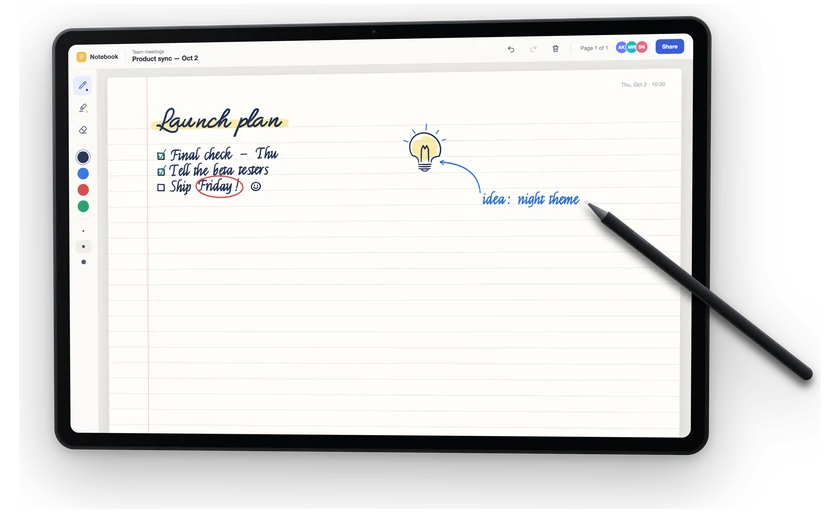 A notebook on the tablet, written on with the S Pen