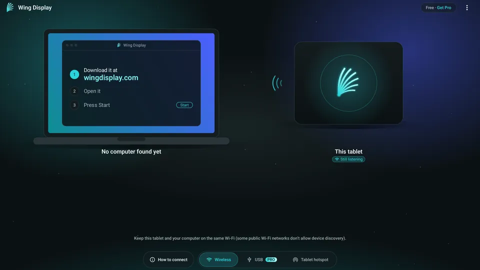 The Wing Display tablet app showing No computer found yet, with a note that some public Wi-Fi networks don't allow device discovery, and Tablet hotspot at the bottom