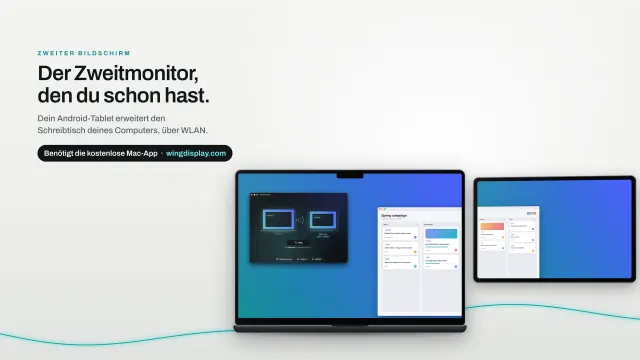 Ein MacBook Pro mit der App Wing Display neben einem Galaxy Tab, das seinen Schreibtisch mit einem Aufgaben-Board erweitert.