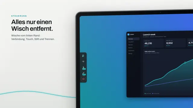 Die seitliche Leiste des Tablets, vom linken Rand über ein Dashboard hereingewischt: Tasten für Verbindung, Touch, Stift und Trennen, Touch und Stift als Pro gekennzeichnet.