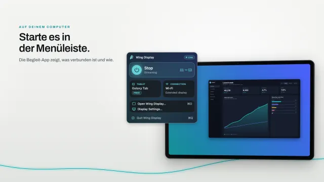 Das Menü von Wing Display auf dem Mac, das per WLAN als erweiterter Bildschirm auf ein Galaxy Tab streamt.