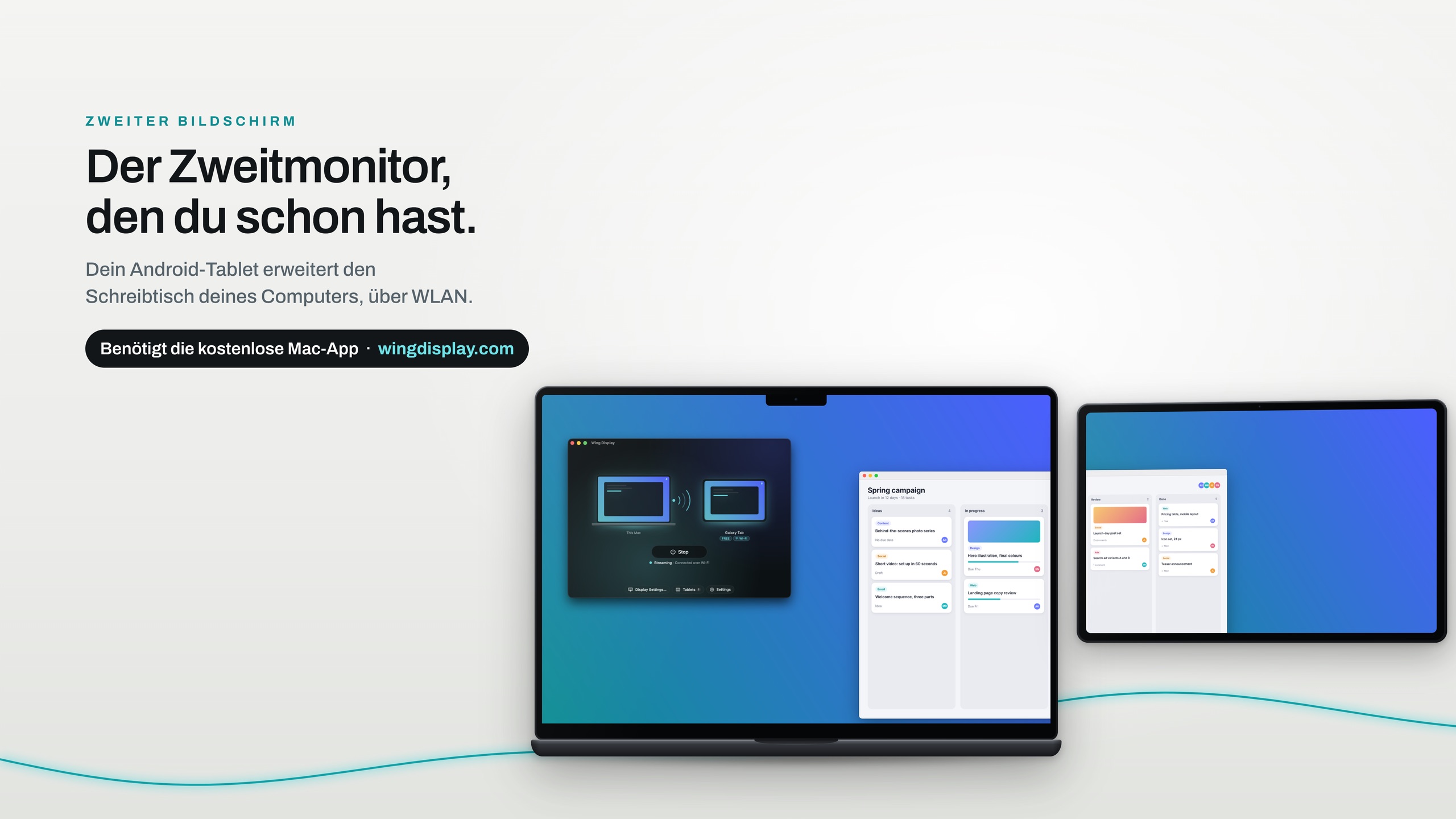 Ein MacBook mit einem Android-Tablet im Querformat daneben, das den Schreibtisch des Mac erweitert