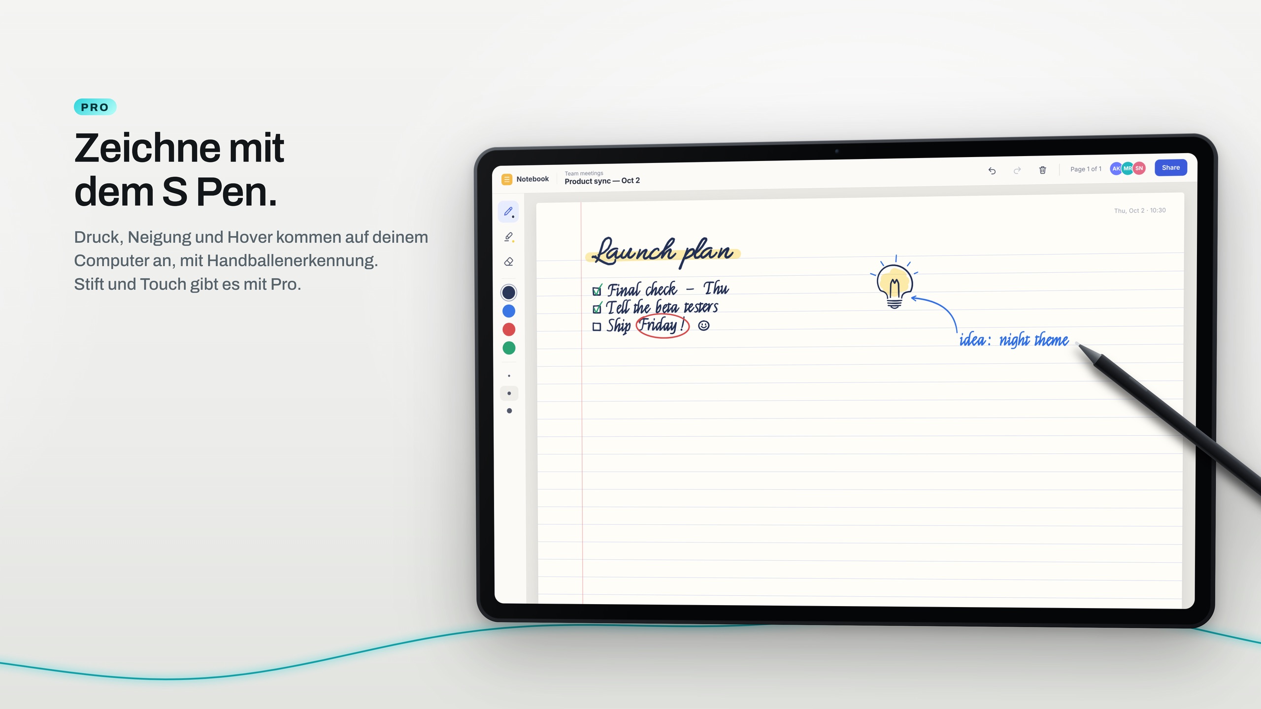 Handschriftliche Notizen und eine Skizze, mit dem S Pen über Wing Display auf einem Tablet im Querformat gemacht