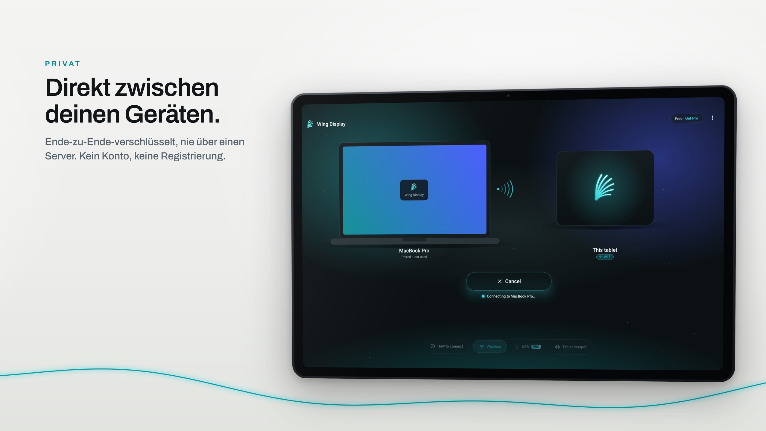 Ein Tablet im Querformat, auf dem sich Wing Display direkt mit einem MacBook Pro verbindet, ohne Server dazwischen