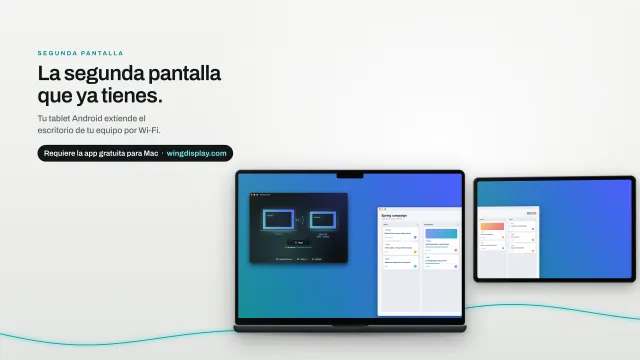 Un MacBook Pro con la app Wing Display junto a una Galaxy Tab que amplía su escritorio con un tablero de tareas.