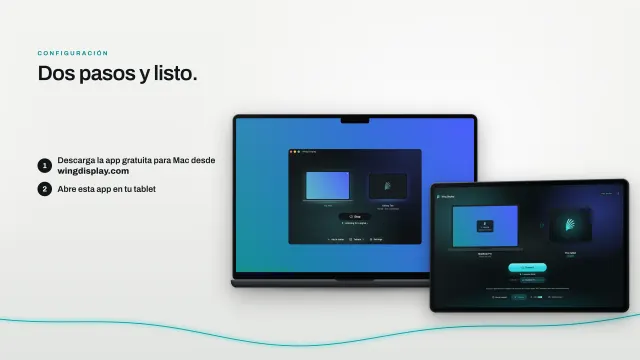 La app Wing Display en un MacBook Pro esperando una tablet, y la app de la tablet encontrando el MacBook Pro en la misma Wi-Fi.