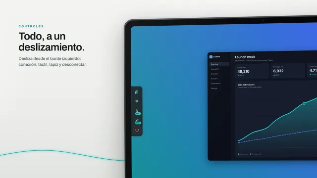 La barra lateral de la tablet, deslizada desde el borde izquierdo sobre un panel: botones de conexión, táctil, lápiz y desconectar, con táctil y lápiz marcados como Pro.