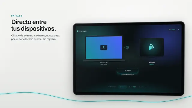 La app de la tablet conectándose directamente a un MacBook Pro por Wi-Fi, sin cuenta.