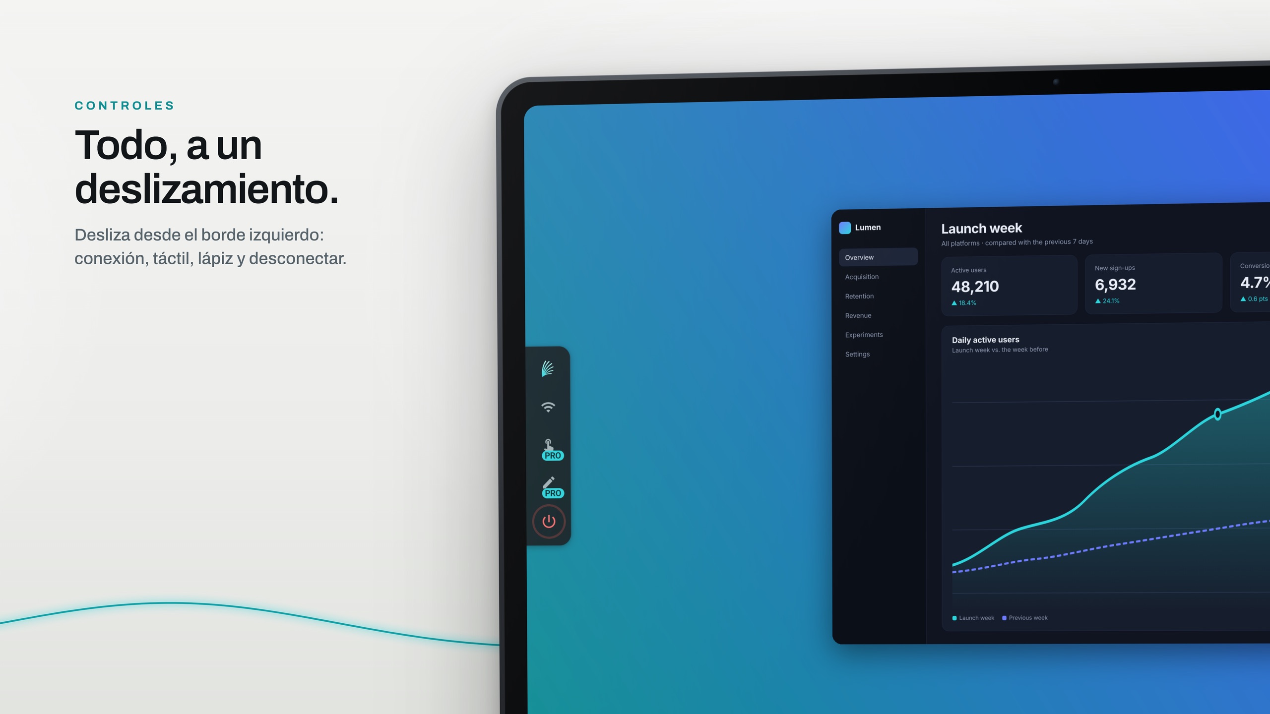 Una tablet en horizontal con el escritorio de un Mac y los controles de Wing Display abiertos desde el borde izquierdo