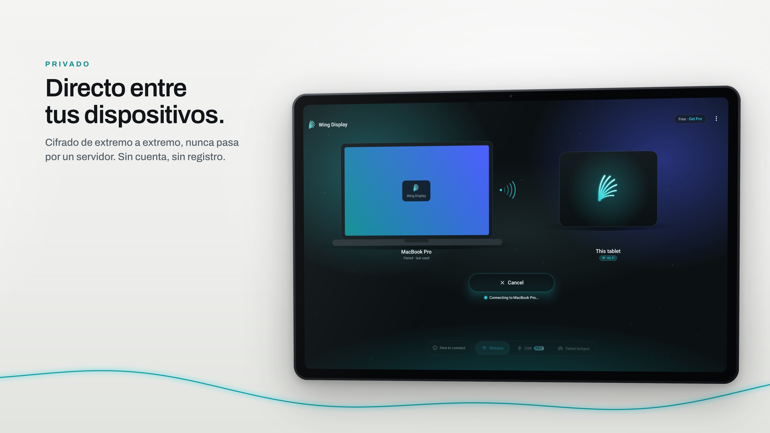 Una tablet en horizontal con Wing Display conectándose directamente a un MacBook Pro, sin ningún servidor de por medio