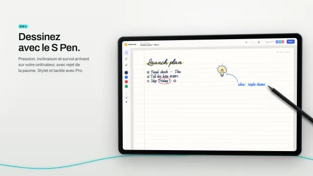 Des notes manuscrites et un croquis dessinés sur la tablette avec le S Pen, marqués Pro.