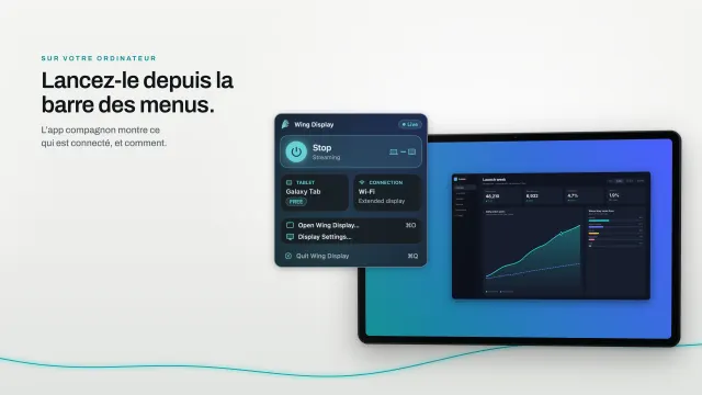 Le menu de Wing Display sur le Mac, qui diffuse vers une Galaxy Tab en Wi-Fi comme écran étendu.