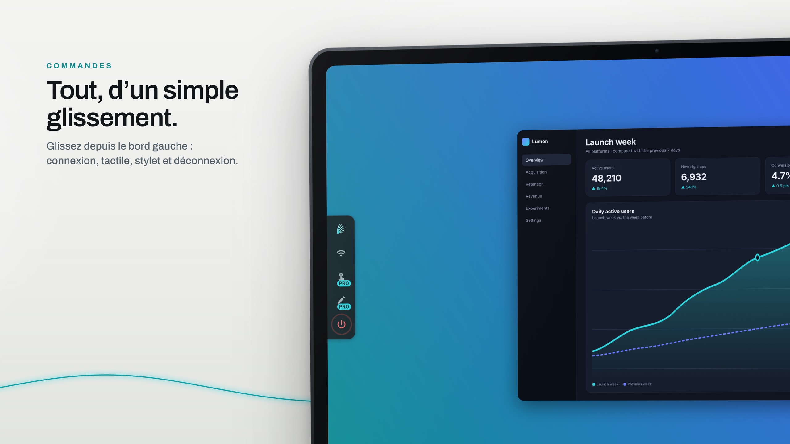 Une tablette en mode paysage affichant le bureau d’un Mac, avec les commandes de Wing Display ouvertes depuis le bord gauche