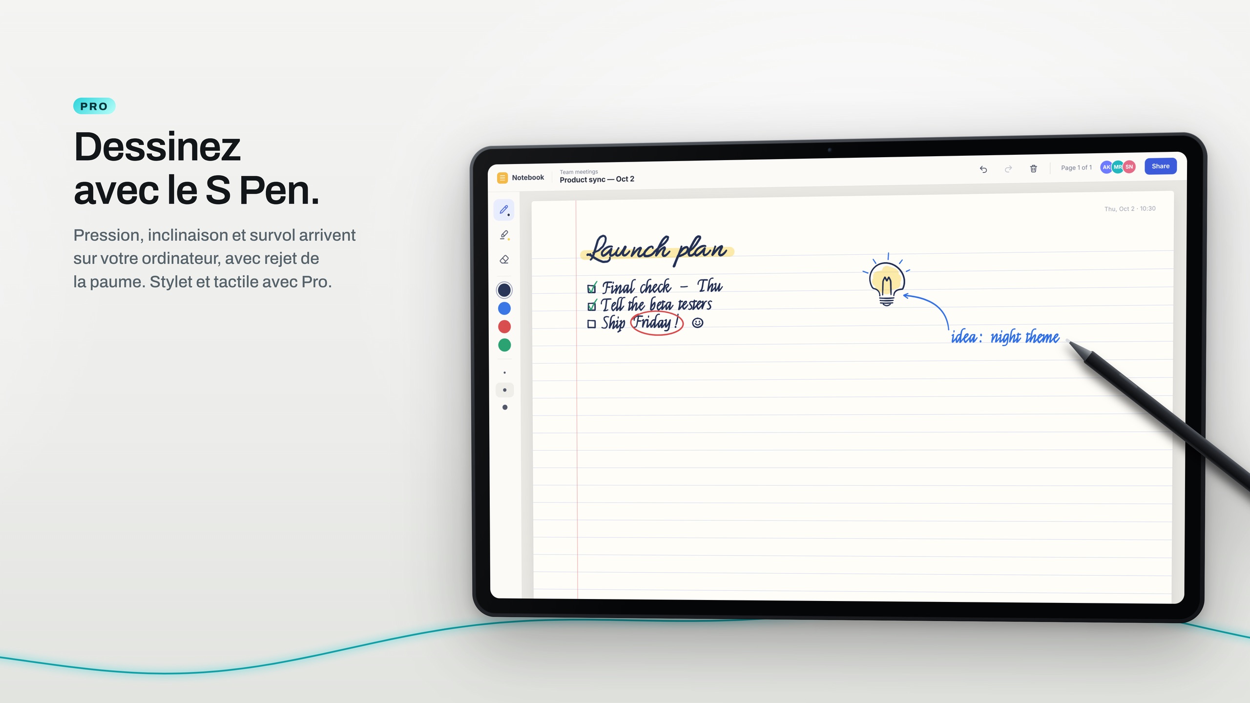Des notes manuscrites et un croquis faits au S Pen sur une tablette en mode paysage, via Wing Display