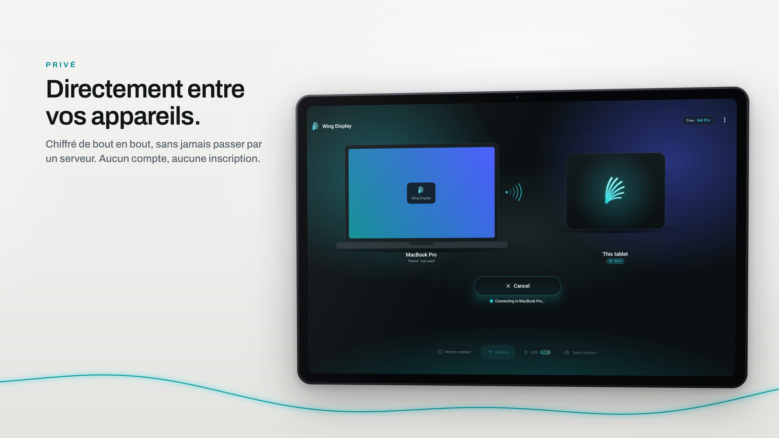 Une tablette en mode paysage montrant Wing Display qui se connecte directement à un MacBook Pro, sans serveur entre les deux