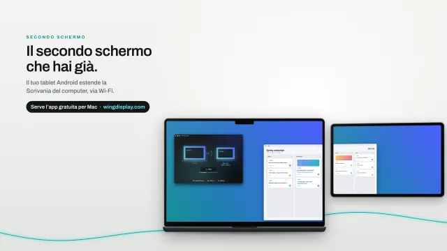 Un MacBook Pro con l’app Wing Display accanto a un Galaxy Tab che ne estende la scrivania con una bacheca di attività.