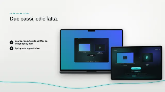 L’app Wing Display su un MacBook Pro in attesa di un tablet, e l’app del tablet che trova il MacBook Pro sulla stessa rete Wi-Fi.