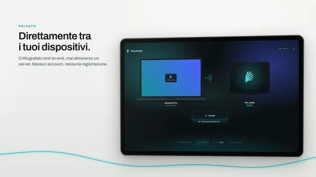 L’app del tablet che si collega direttamente a un MacBook Pro via Wi-Fi, senza account.