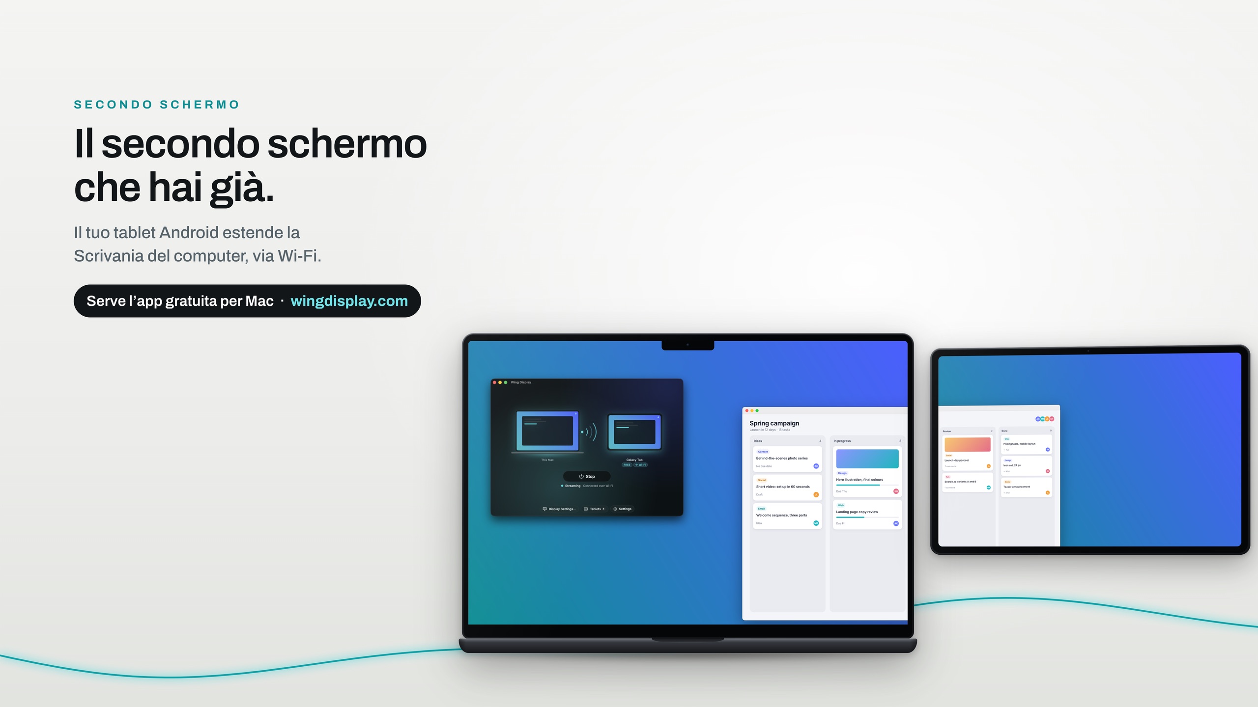 Un MacBook con accanto un tablet Android in orizzontale, che estende la scrivania del Mac