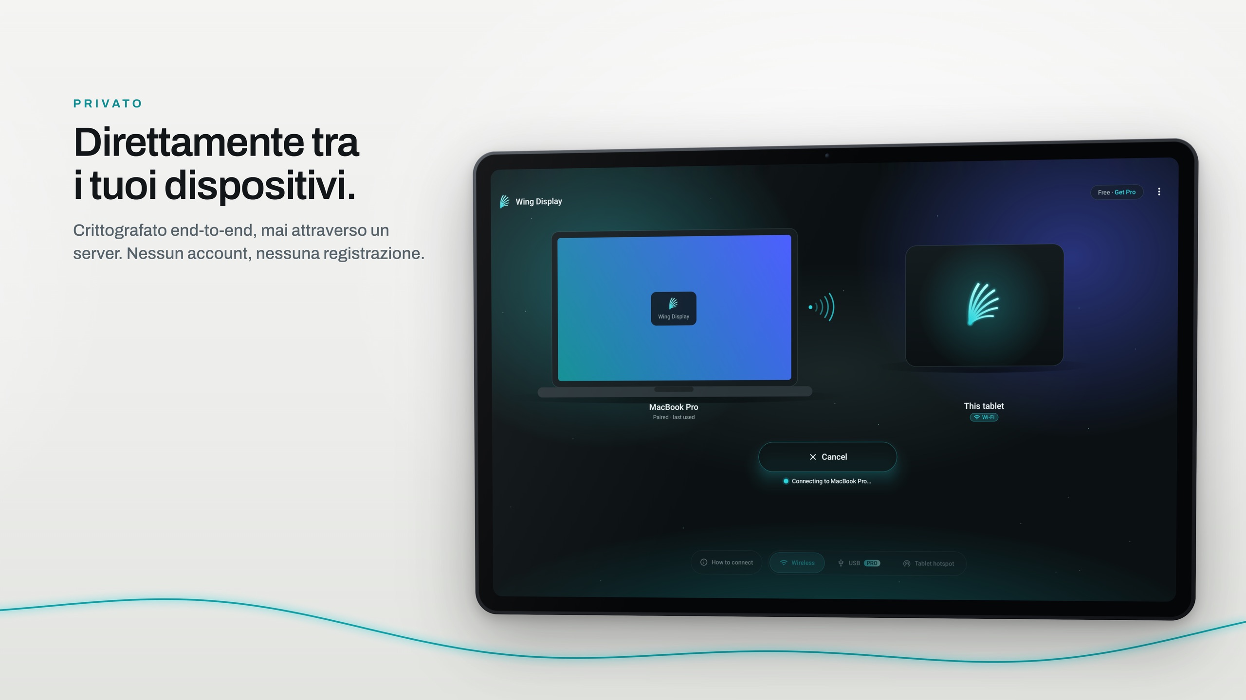 Un tablet in orizzontale che mostra Wing Display mentre si collega direttamente a un MacBook Pro, senza server in mezzo