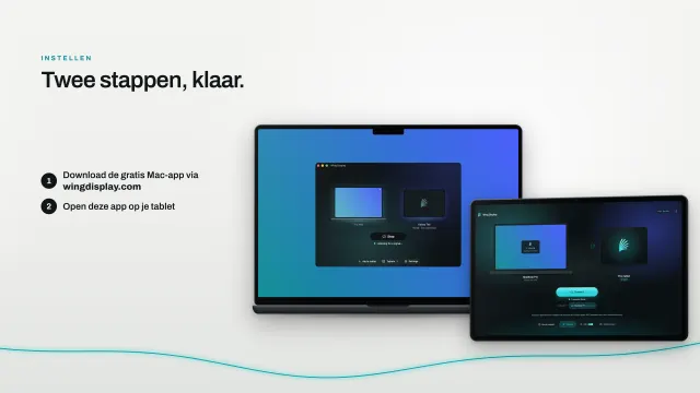 De app Wing Display op een MacBook Pro wacht op een tablet, en de tablet-app vindt de MacBook Pro op hetzelfde wifi-netwerk.