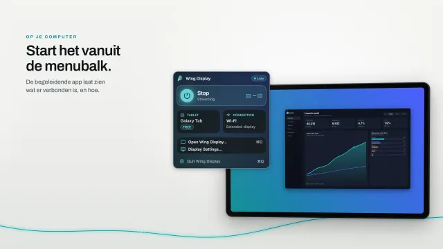 Het menu van Wing Display op de Mac, dat via wifi naar een Galaxy Tab streamt als uitgebreid beeldscherm.