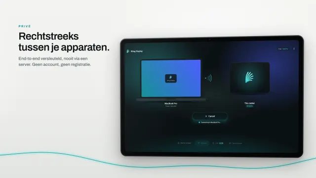 De tablet-app maakt via wifi rechtstreeks verbinding met een MacBook Pro, zonder account.
