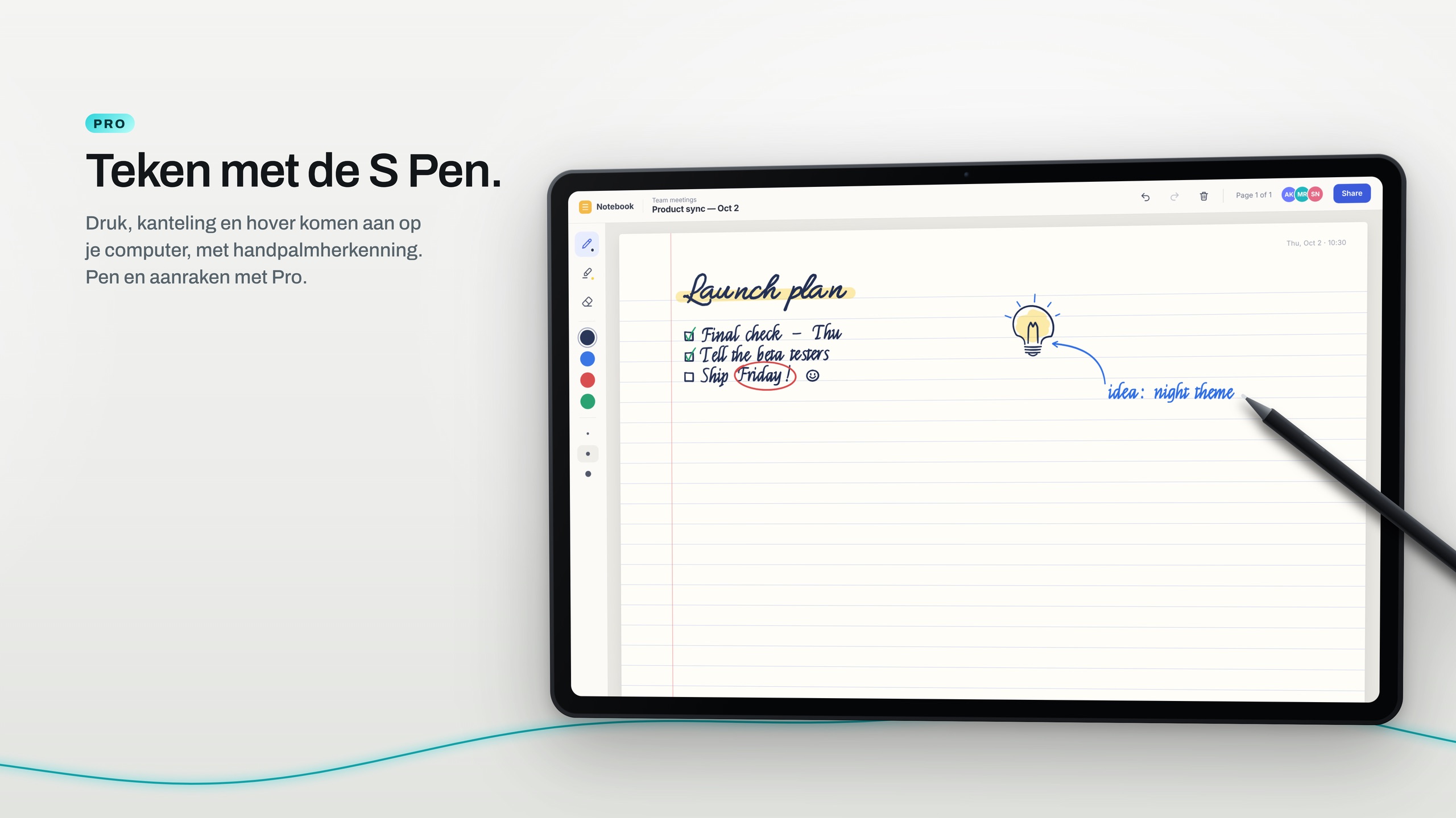 Handgeschreven aantekeningen en een schets, gemaakt met de S Pen op een tablet in liggende stand, via Wing Display