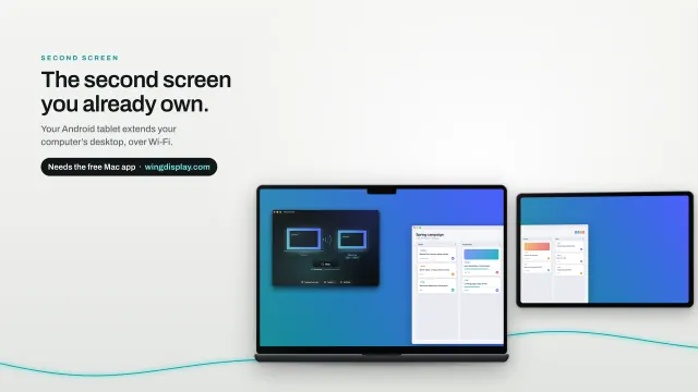 A MacBook Pro running the Wing Display app beside a Galaxy Tab that extends its desktop with a task board.