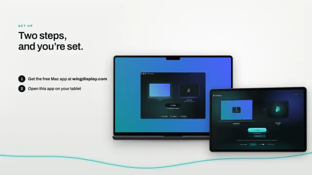 The Wing Display app on a MacBook Pro waiting for a tablet, and the tablet app finding the MacBook Pro on the same Wi-Fi.