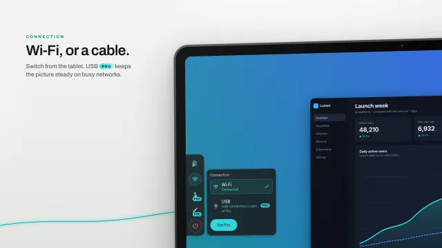 The rail's Connection panel on the tablet: Wi-Fi connected, and USB marked Pro.