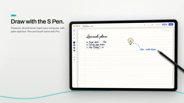 Handwritten notes and a sketch drawn on the tablet with the S Pen, marked Pro.