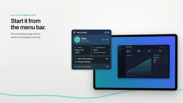 The Wing Display menu on the Mac, streaming to a Galaxy Tab over Wi-Fi as an extended display.