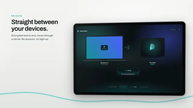 The tablet app connecting straight to a MacBook Pro over Wi-Fi, with no account.