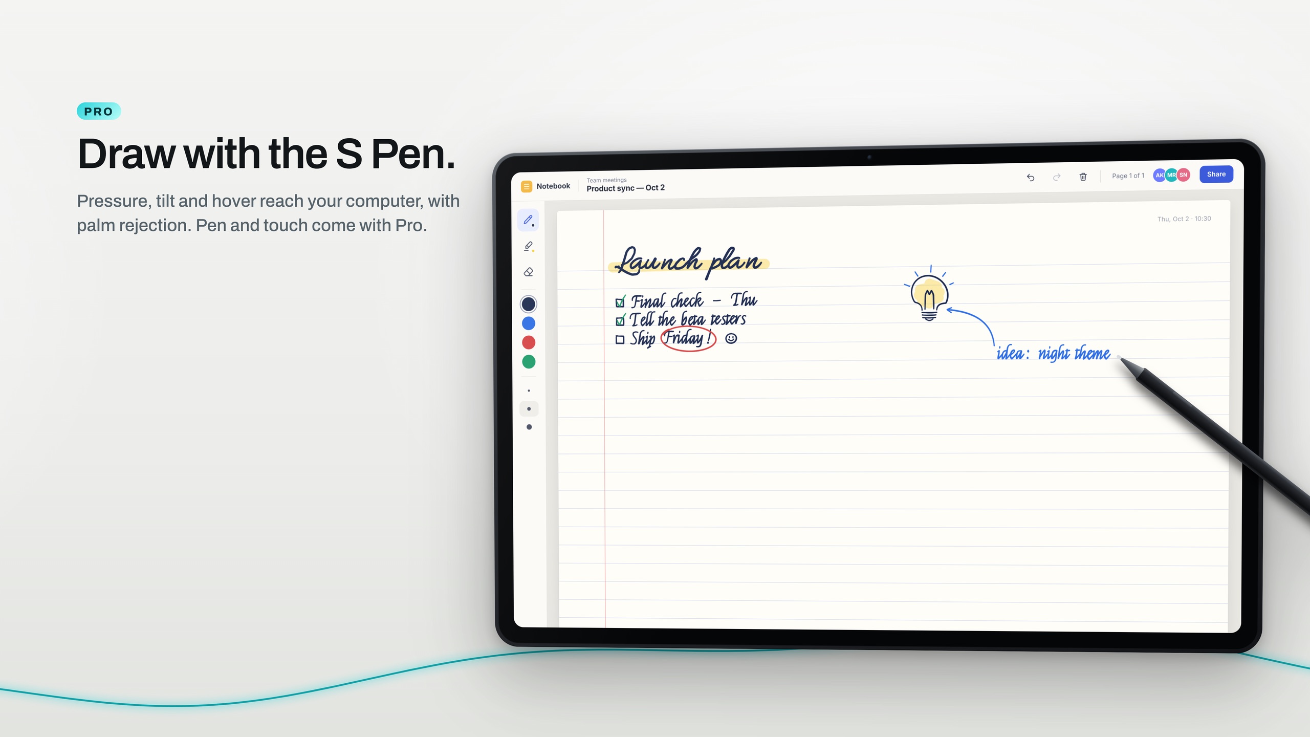 Handwritten notes and a sketch made with the S Pen on a tablet in landscape, through Wing Display